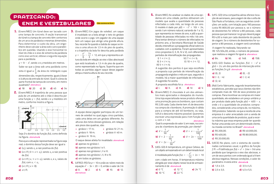 Reprodução de páginas do livro contendo a seção praticando Enem e vestibulares.