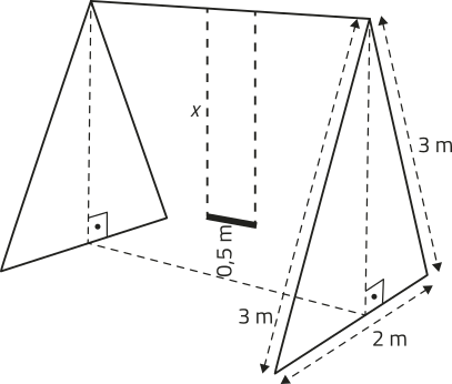 Imagem de um balanço. O assento está a 0,5 metro do chão, suspenso por correntes de comprimento x. A estrutura lateral do balanço tem a forma de um triângulo isósceles, cuja base mede 2 metros e os lados oblíquos medem 3 metros. A altura em relação à base está representada por uma linha tracejada.