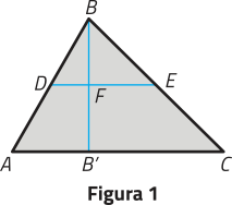 Imagem da figura 1. Temos um triângulo A B C de base A C, com um segmento D E paralelo a A C, e uma altura B B linha relativa a A C.
