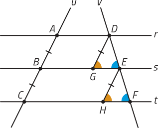 Imagem anterior. Os segmentos D G e E H determinam os triângulos D G E e E H F. Os ângulos D G E e E H F; G E D e H F E estão destacados e são congruentes entre os pares.