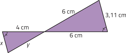 Imagem de dois triângulos opostos por um vértice. Os lados x e 3,11 centímetros; 4 centímetros e 6 centímetros; y e 6 centímetros, são correspondentes entre os pares. Os ângulos formados pelos lados de medidas x e 4 centímetros; 3,11 centímetros e 6 centímetros, são congruentes.