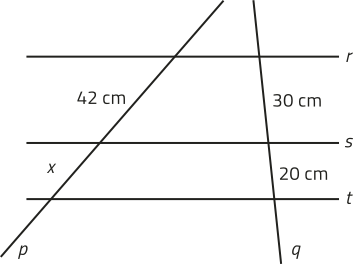 Imagem de três retas paralelas: r, s, t, sendo cruzadas pelas retas p, q. Formando segmentos de retas com medidas: x, 42 cm na reta p e os segmentos de tamanho: 30 cm e 20 cm na reta q.