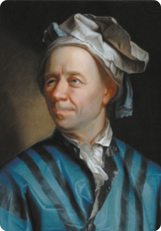 Pintura retratando Leonhard Euler. Ele é branco, usa lenço na cabeça e camisa listrada.