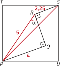 Imagem de um quadrado T S U P, com uma diagonal P S. Há três segmentos consecutivos em seu interior, formando uma linha poligonal: P Q igual a 4; Q R;  R S igual a 2,25. Os ângulos P Q R e Q R S são retos. Um segmento P R determina um triângulo retângulo P Q R, com ângulo alfa no vértice R. O cateto oposto a esse ângulo mede 4, e a hipotenusa mede 5. A diagonal P S do quadrado determina um triângulo P R S, cujo ângulo no vértice R, alfa mais 90 graus, é formado pelos lados de medidas 5 e 2,25.
