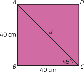 Imagem de um quadrado A B C D com lados de 40 centímetros. Uma diagonal d determina o triângulo retângulo A B C, cujos catetos medem 40 centímetros, a hipotenusa mede d e o ângulo no vértice C mede 45 graus.