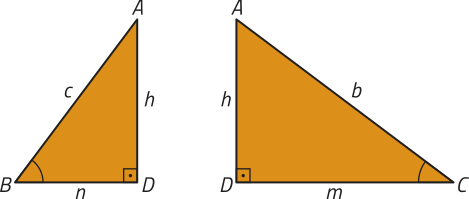 Imagem dos triângulos D B A e D A C descritos anteriormente. Os lados c e b; h do triângulo D B A e m; n e h do triângulo D A C, são correspondentes entre os pares. Os ângulos B D A e A D C; A B D e D C A, são congruentes entre os pares.