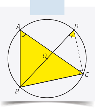 Imagem anterior. Agora, foi traçado um diâmetro B D e um segmento tracejado C D, determinando um triângulo B C D, retângulo em C. O ângulo B D C é congruente ao ângulo B Â C.