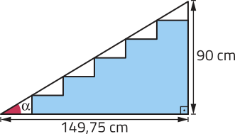 Imagem do perfil de uma escada. A linha que representa sua inclinação forma um triângulo retângulo, cujos catetos correspondem ao comprimento total da escada, que é de 149,75 centímetros, e à altura total, que é de 90 centímetros. O ângulo formado entre a inclinação da escada e comprimento total é alfa.