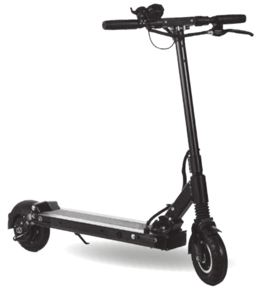 Imagem de um veículo de duas rodas com uma plataforma retangular para apoiar os pés, e um guidão para direcionamento.