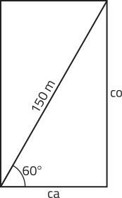 Imagem de um retângulo com uma diagonal de 150 metros, determinando um triângulo retângulo. O ângulo formado entre a hipotenusa e o menor cateto é 60 graus. O cateto adjacente a esse ângulo é o menor, e o cateto oposto é o maior.