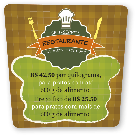 Imagem de um cartaz com as informações: restaurante self-service à vontade e por kilo; R$ 42,50 por kilograma, para pratos com até 600 gramas de alimento. Preço fixo de R$ 25,50 para pratos com mais de 600 gramas de alimento.