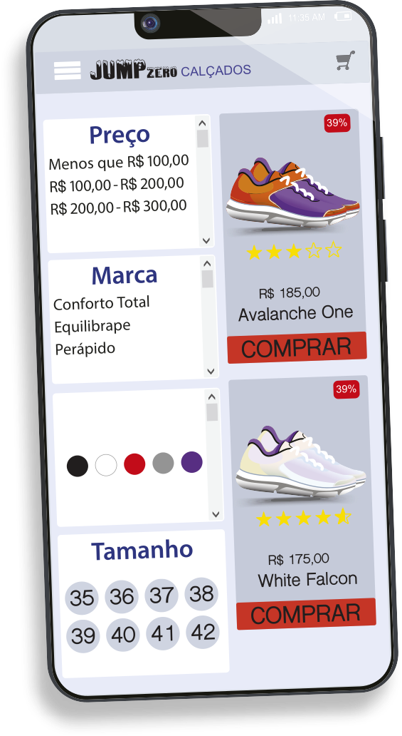 Imagem do site Jump Zero Calçados aberto em um smartphone. Temos as seguintes opções de filtros: Preço: Menos que R$ 100,00; entre R$ 100,00 e R$ 200,00; entre R$ 200,00 e R$ 300,00; Marca: Conforto Total, Equilibrape e Perápido; Cor: preto, branco, vermelho, cinza e roxo; Tamanho: 35, 36, 37, 38, 39, 40, 41 e 42. Ao lado, dois anúncios de tênis com desconto de 39% e a opção 'Comprar'. O primeiro é do modelo Avalanche One e custa R$ 185,00. O segundo é do modelo White Falcon e custa R$ 175,00.