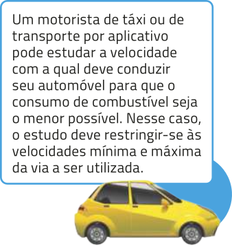 Ilustração de um carro acompanhado do texto: Um motorista de táxi ou de transporte por aplicativo pode estudar a velocidade com a qual deve conduzir seu automóvel para que o consumo de combustível seja o menor possível. Nesse caso, o estudo deve restringir-se às velocidades mínima e máxima da via a ser utilizada.