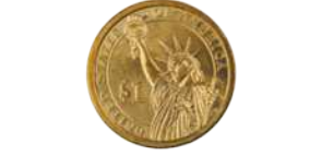Imagem de uma moeda de 1 dólar com a face que contém a estátua da liberdade voltada para cima.
