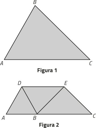 Imagem das figuras 1 e 2. A figura 1 corresponde a um triângulo A B C, de base A C. A figura 2 corresponde ao mesmo triângulo dobrado, de forma que o vértice B está posicionado sobre o segmento A C, determinando um segmento D E paralelo a A C.