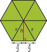 Imagem de um hexágono regular decomposto em 6 triângulos equiláteros. Em um desses triângulos, está indicada a medida dos lados como x, e a altura h, que divide a base em dois segmentos de medida x sobre 2.