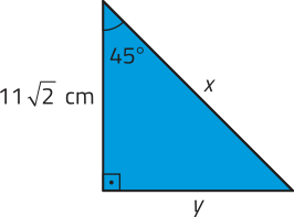Imagem de um triângulo retângulo com um ângulo de 45 graus. O cateto oposto a esse ângulo mede y, o cateto adjacente mede 11 raiz quadrada de 2 centímetros, e a hipotenusa mede x.