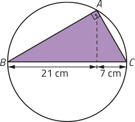 Imagem de um triângulo ABC inscrito em uma circunferência. Há uma altura relativa à hipotenusa B C, que determina projeções de medidas 21 centímetros e 7 centímetros.