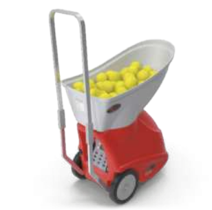 Imagem de um dispositivo com formato semelhante a um carrinho de feira, com várias bolas de tênis em sua cesta.