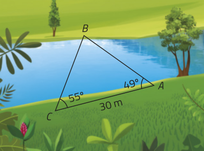 Esquema. Temos um triângulo A B C de base A C igual a 30 metros, com um ângulo de 49 graus no vértice A, e um ângulo de 55 graus no vértice C, oposto ao lado A B. A base A C está localizada na margem de um rio, e o vértice B na margem oposta.