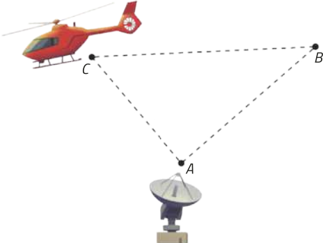 Esquema. Temos um triângulo A B C, com um radar localizado no vértice A e um helicóptero no vértice C.