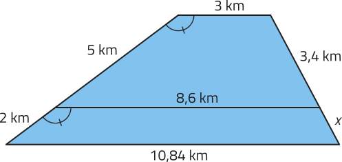Imagem de um trapézio escaleno com um segmento paralelo à base maior, determinando um trapézio semelhante. Os lados de medidas 10,84 quilômetros e 8,6 quilômetros; 8,6 quilômetros e 3 quilômetros; 5 quilômetros e 2 quilômetros; 3,4 quilômetros e x, são correspondentes entre os pares.