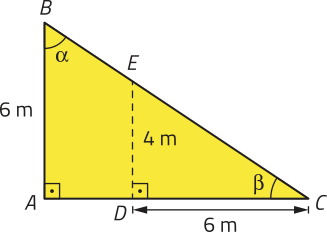 Imagem de um triângulo retângulo A B C com um segmento D E, determinando um triângulo retângulo semelhante C D E. Temos as seguintes medidas: cateto A B igual a 6 metros; cateto D E igual a 4 metros; cateto C D igual a 6 metros. O ângulo no vértice A é reto, no vértice B é alfa e no vértice C é beta.