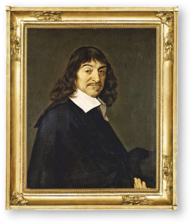 Retrato de René Descartes, um homem branco com bigode e cabelo ondulado na altura dos ombros.