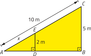 Imagem de um triângulo retângulo C A B com um segmento E D paralelo ao lado C B, sendo E pertencente ao lado A C e D pertencente ao lado A B. Esse segmento determina um triângulo semelhante E A D. Os lados A E igual a x e A C igual a 10 metros; E D igual a 2 metros e C B igual a 5 metros, são correspondentes entre os pares. Os ângulos E D A e C B A são congruentes entre os pares.