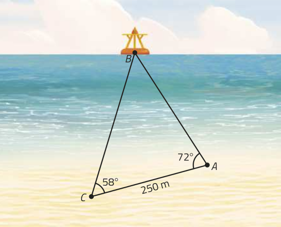 Esquema. Temos um triângulo A B C de base A C igual a 250 metros, com um ângulo de 72 graus no vértice A, e um ângulo de 58 graus no vértice C, oposto ao lado A B. A base A C está localizada sobre a areia da praia, e o vértice B sobre a boia de sinalização.