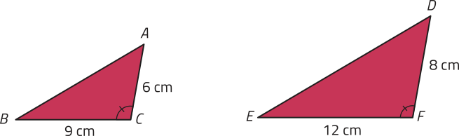 Imagem dos triângulos A B C e D E F. Os lados A C igual a 6 centímetros e D F igual a 8 centímetros; B C igual a 9 centímetros e E F igual a 12 centímetros, são correspondentes entre os pares. Os ângulos B C A e E F D são congruentes entre os pares.