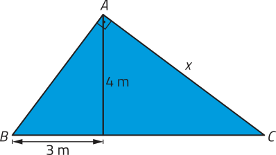 Imagem de um triângulo A B C, cujo cateto A C mede x. Há uma altura de 4 metros relativa à hipotenusa B C, determinando a projeção do cateto A B, de medida 3 metros. A altura também determina um triângulo retângulo cujos catetos medem 3 metros e 4 metros, e a hipotenusa é A B.