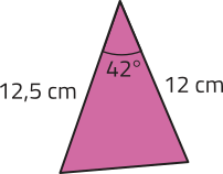 Imagem de um triângulo com dois lados de 12 centímetros e 12,5 centímetros, formando um ângulo de 42 graus.