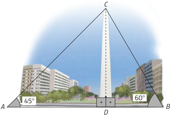 Esquema. Temos um triângulo A B C, de base A B, com uma altura C D. Há um ângulo de 45 graus no vértice A e um ângulo de 60 graus no vértice B. A base está posicionada sobre o solo, e a altura C D corresponde à altura do monumento.