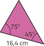 Imagem de um triângulo com um lado de 16,4 centímetros, e dois ângulos de 45 graus e 75 graus.
