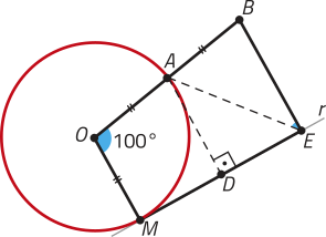 Imagem de um ângulo A Ô M igual a 100 graus, inscrito em uma circunferência de centro O. Na mesma direção de O A há um segmento A B, sendo B um ponto fora da circunferência. Os segmentos O A, O M e A B são congruentes entre si. Há uma reta r tangente à circunferência no ponto M, com um segmento D E, que corresponde à projeção ortogonal de A B sobre a reta. Um segmento tracejado A E determina um triângulo retângulo A D E.