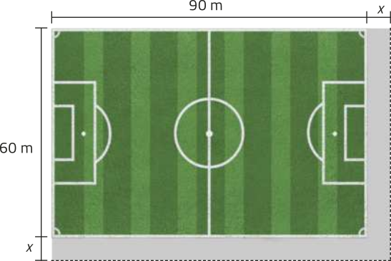 Ilustração de um campo de futebol com 90 metros de comprimento e 60 metros de largura. Em um dos lados do comprimento e em um dos lados da largura, há uma borda com largura x.