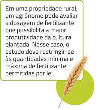 Ilustração de um ramo de trigo acompanhado do texto: Em uma propriedade rural, um agrônomo pode avaliar a dosagem de fertilizante que possibilita a maior produtividade da cultura plantada. Nesse caso, o estudo deve restringir-se às quantidades mínima e máxima de fertilizante permitidas por lei.