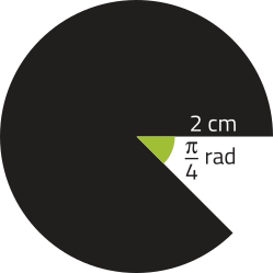 Imagem de uma das figuras circulares descritas na imagem anterior, agora com a indicação de que o raio do círculo mede 2 centímetros e de que o ângulo do setor ausente é de pi sobre 4 rad.