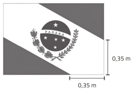 Imagem da bandeira do estado do Paraná. Ela é composta por um retângulo com uma faixa diagonal, onde está um círculo com estrelas com o escrito Paraná. Abaixo do círculo, alguns ramos. A faixa que atravessa a bandeira pode ser decomposta em dois triângulos isósceles e um retângulo. Os triângulos possuem dois lados iguais a 0,35 metros.