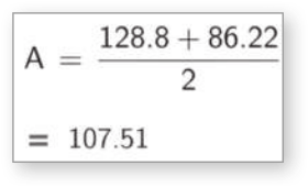 Imagem de tela do geogebra com o seguinte cálculo: A = fração: 128,8 + 86,22 sobre 2, =107,51.