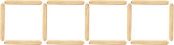 4 quadrados, lado a lado. Os dois do meio compartilham um dos lados entre si e outro lado com os quadrados da extremidade. Total de palitos: 13.