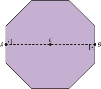 Imagem de um octógono regular com os pontos A, B e C indicados. O ponto A está à esquerda, o ponto B, à direita e o ponto C, no centro do octógono. Uma linha tracejada horizontal é traçada entre A e B, passando por C.