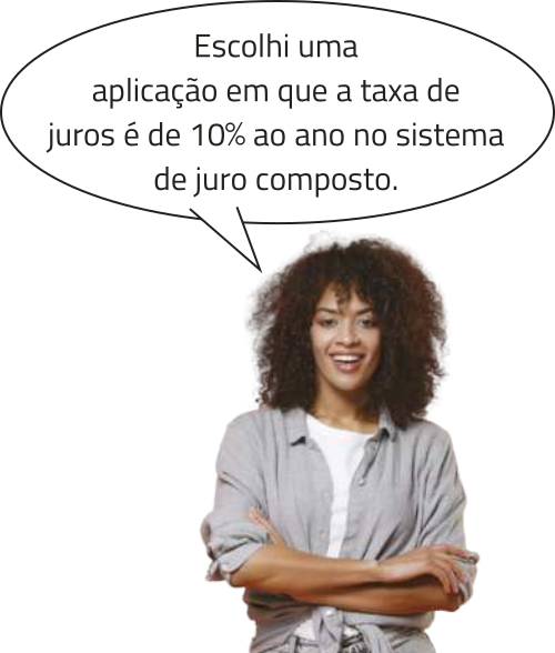 Imagem de uma mulher dizendo: Escolhi uma aplicação em que a taxa de juros é de 10 por cento ao ano no sistema de juro composto.