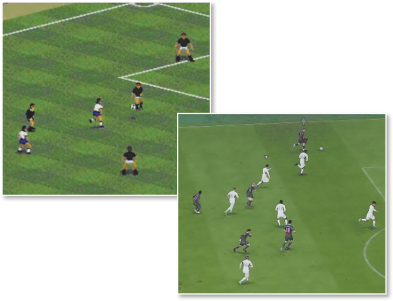 Composição de duas imagens. Na imagem à esquerda, uma cena de videogame com pouquíssima resolução representando jogadores em campo. Na imagem à direita, cena de um jogo semelhante, mas com imagem em altíssima resolução.