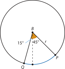 Imagem de uma circunferência com centro B, com o arco P Q indicado. Os segmentos de reta B P e B Q indicam o raio r. O ângulo P B Q tem 45 graus. Há um ponto na circunferência localizado entre P e Q, mais próximo de Q. O arco que esse ponto faz com Q tem 15 graus.