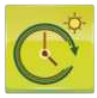 Ilustração representando uma seta circular em um relógio, com o sol ao fundo.