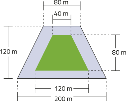 Imagem de um trapézio menor inscrito em um trapézio maior. Trapézio menor: base = 120 metros, base menor = 40 metros e altura = 80 metros. Trapézio maior: base = 200 metros, base menor = 80 metros e altura = 120 metros.