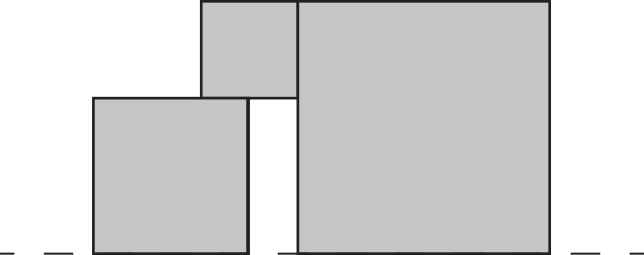 Imagem de 3 quadrados. O menor quadrado está apoiado sobre o quadrado intermediário, de modo que o vértice superior direito do intermediário está sob o ponto médio do lado inferior do quadrado menor. O quadrado maior está à direita do menor, de modo que o lado direito do menor está sobreposto a parte do lado esquerdo do maior. A altura do maior equivale à altura do menor e do intermediário, somadas.