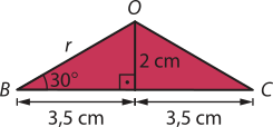 Imagem do triângulo O B C. Há uma reta de 2 centímetros traçada do vértice O a um ponto no lado B C, que divide o lado em duas metades, cada uma medindo 3,5 metros. O lado O B mede r e o ângulo do vértice B mede 30 graus.